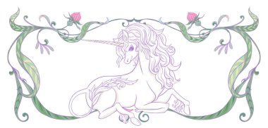 Tek boynuzlu at ve harika vintage çerçeve ve çiçekler. Vektör çizim. Art nouveau tarzında, vintage, ışık ultra violet pastel renkler beyaz arka plan üzerinde eski, retro tarzında.