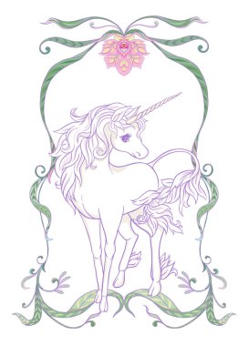 Tek boynuzlu at ve harika vintage çerçeve ve çiçekler. Vektör çizim. Art nouveau tarzında, vintage, ışık ultra violet pastel renkler beyaz arka plan üzerinde eski, retro tarzında.