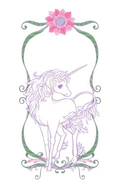 Tek boynuzlu at ve harika vintage çerçeve ve çiçekler. Vektör çizim. Art nouveau tarzında, vintage, ışık ultra violet pastel renkler beyaz arka plan üzerinde eski, retro tarzında.