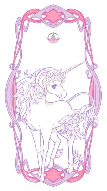 Tek boynuzlu at ve harika vintage çerçeve ve çiçekler. Vektör çizim. Art nouveau tarzında, vintage, ışık ultra violet pastel renkler beyaz arka plan üzerinde eski, retro tarzında.