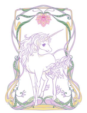 Tek boynuzlu at ve harika vintage çerçeve ve çiçekler. Vektör çizim. Art nouveau tarzında, vintage, ışık ultra violet pastel renkler beyaz arka plan üzerinde eski, retro tarzında.