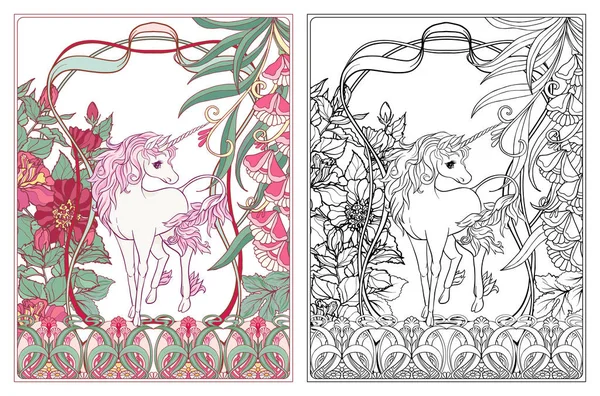 Licorne Cadre Vintage Fleurs Illustration Vectorielle Style Art Nouveau Vintage — Image vectorielle