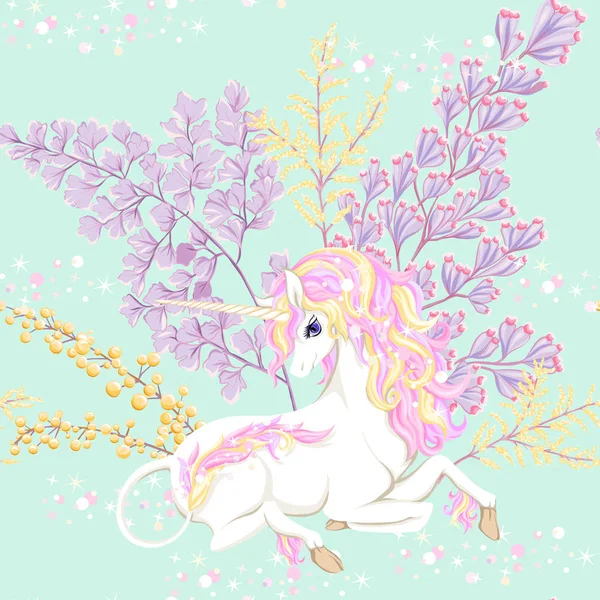 Seamless Pattern Background Unicorn Fantsatic Flowers Glitter Vector Illustration Soft — Stock Vector