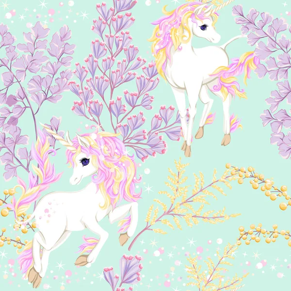 Pola Mulus Latar Belakang Dengan Unicorn Dan Bunga Fantasi Dan - Stok Vektor