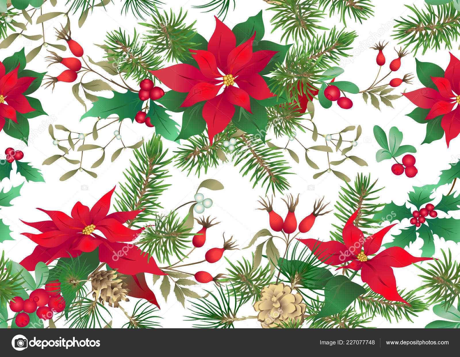 Seamless Pattern Background Green Fir Branches Red Flowers Berries Christmas Stock Vector C Elenabesedina 227077748