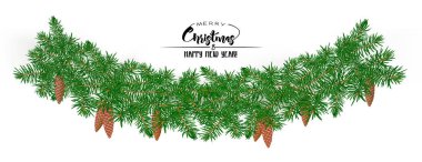 Çam dalları. Neşeli Noel ve yeni yıl, daveti veya satışı büyük başlığı, hediye çeki için tebrik kartı için şablon. Beyaz arka plan üzerinde izole. Renkli vektör çizim