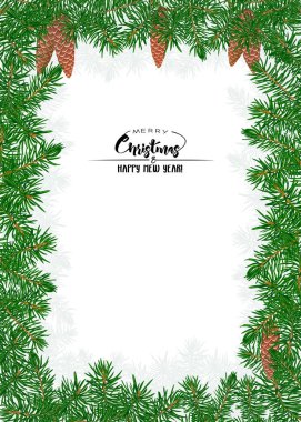 Çam dalları. Neşeli Noel ve yeni yıl, daveti veya satışı büyük başlığı, hediye çeki için tebrik kartı için şablon. Beyaz arka plan üzerinde izole. Renkli vektör çizim