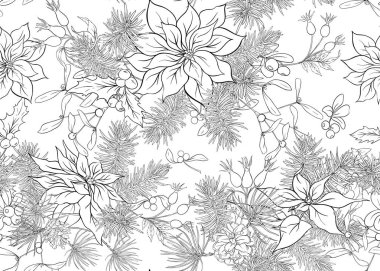 Dikişsiz desen, yeşil çam dalları ve kırmızı çiçekler ve meyveler, Noel dekorasyonu ile arka plan. Anahat el vektör çizim çizimi.