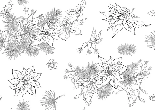 緑のモミの枝と赤い花と果実 クリスマスの装飾の背景のシームレスなパターン 概要手書きベクトル図 — ストックベクタ