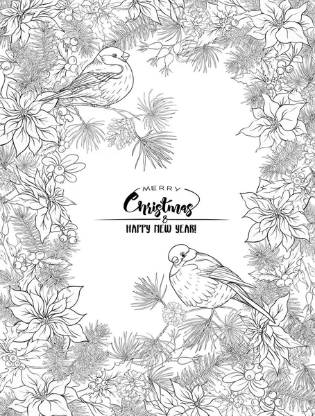 Christmas Wreath Spruce Pine Poinsettia Dog Rose Bullfinch Merry Christmas — Stock Vector
