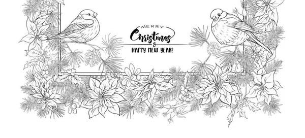 Couronne Noël Épinette Pin Poinsettia Rose Canine Chardonneret Joyeux Noël — Image vectorielle