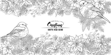 Noel çelenk Ladin, çam, Atatürk çiçeği, köpek rose ve şakrak kuşu. Mutlu Noeller ve mutlu yeni yıl. Vektör çizim çizim el anahat. Boyama kitabı theadult için sayfa boyama.