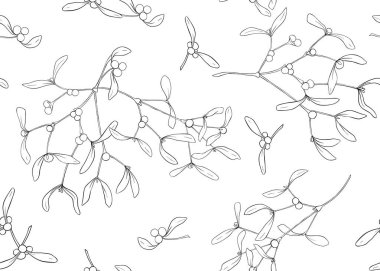 Dikişsiz desen, ökse otu dalları ile arka plan. Anahat el vektör çizim çizimi.