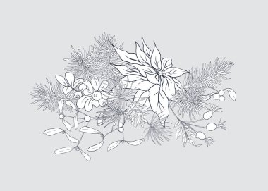 Noel dekorasyonu, yapılan çam dalları, puancetti, çam, holly, ökse otu, köpek gül çelenk. Gri arka plan üzerinde izole. Grafik çizim, gravür tarzı. vektör çizim