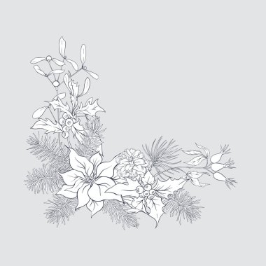 Noel dekorasyonu, yapılan çam dalları, puancetti, çam, holly, ökse otu, köpek gül çelenk. Gri arka plan üzerinde izole. Grafik çizim, gravür tarzı. vektör çizim