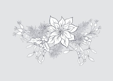 Noel dekorasyonu, yapılan çam dalları, puancetti, çam, holly, ökse otu, köpek gül çelenk. Gri arka plan üzerinde izole. Grafik çizim, gravür tarzı. vektör çizim