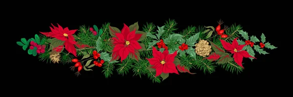 Різдвяна Прикраса Вінок Ялинових Гілок Пуанцетті Сосни Холлі Тумблеї Троянди — стоковий вектор