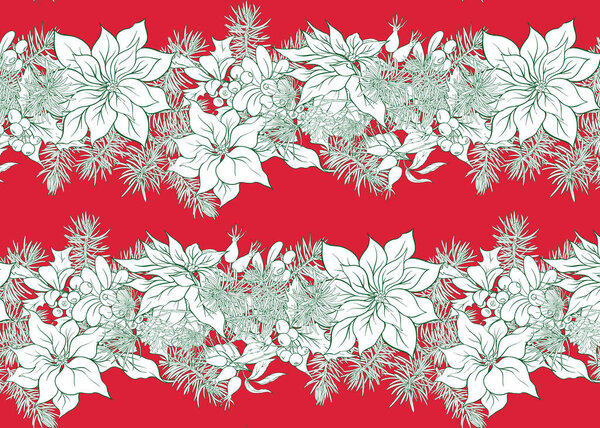 Seamless pattern, background with Fir Branches and flowers and berries, Christmas decoration.  Outline hand drawing vector illustration. in red, green and white colors