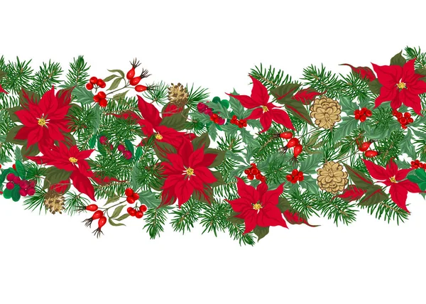 Seamless Pattern Background Green Fir Branches Red Flowers Berries Christmas — Stock Vector