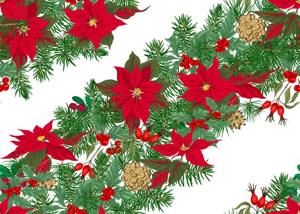 Безшовний Візерунок Фон Зеленими Гілками Ялинки Червоними Квітами Ягодами Різдвяна — стоковий вектор