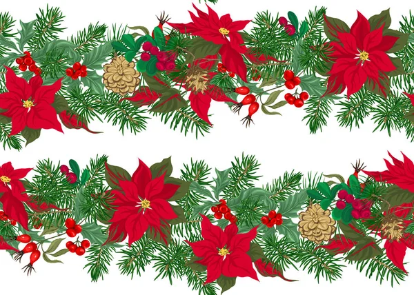 緑のモミの枝と赤い花と果実 クリスマスの装飾の背景のシームレスなパターン 色ベクトル図 — ストックベクタ