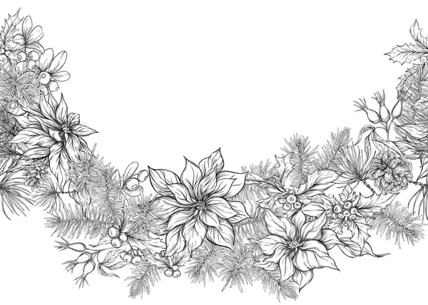 Nahtloses Muster Hintergrund Mit Tannenzweigen Und Blumen Und Beeren Weihnachtsdekoration — Stockvektor