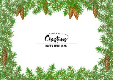 Çam dalları. Neşeli Noel ve yeni yıl, daveti veya satışı büyük başlığı, hediye çeki için tebrik kartı için şablon. Beyaz arka plan üzerinde izole. Renkli vektör çizim.