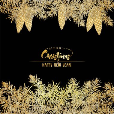 Çam dalları. Merry christmas ve yeni yıl, davet veya satış afiş, hediye çeki için tebrik kartı için şablon. Altın rengi ve siyah.