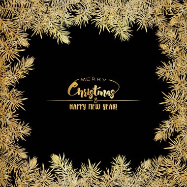 Çam dalları. Merry christmas ve yeni yıl, davet veya satış afiş, hediye çeki için tebrik kartı için şablon. Altın rengi ve siyah