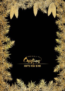 Çam dalları. Merry christmas ve yeni yıl, davet veya satış afiş, hediye çeki için tebrik kartı için şablon. Altın rengi ve siyah