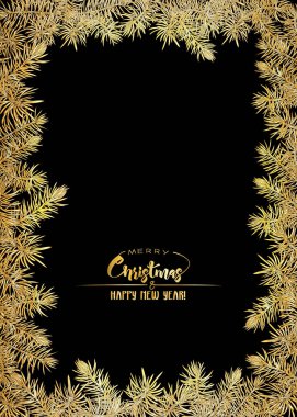 Çam dalları. Merry christmas ve yeni yıl, davet veya satış afiş, hediye çeki için tebrik kartı için şablon. Altın rengi ve siyah
