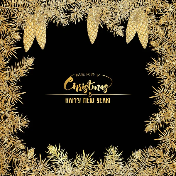 Çam dalları. Merry christmas ve yeni yıl, davet veya satış afiş, hediye çeki için tebrik kartı için şablon. Altın rengi ve siyah