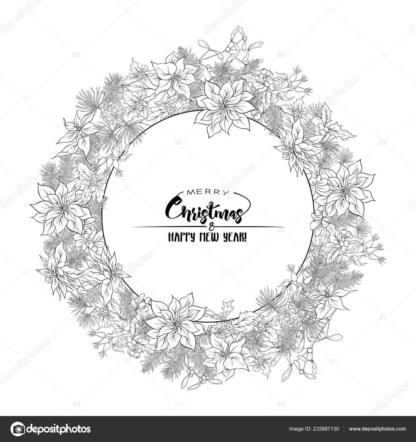 Christmas Wreath Spruce Pine Poinsettia Dog Rose Merry Christmas Happy Stock Vector C Elenabesedina 233887130