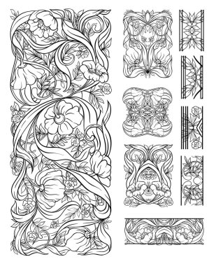 Çiçek desenli art nouveau tarzında, vintage, eski, retro tarzı. Tasarım için dekoratif öğeler kümesi. Anahat el vektör çizim çizimi.