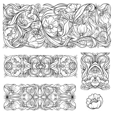 Çiçek desenli art nouveau tarzında, vintage, eski, retro tarzı. Tasarım için dekoratif öğeler kümesi. Anahat el vektör çizim çizimi.