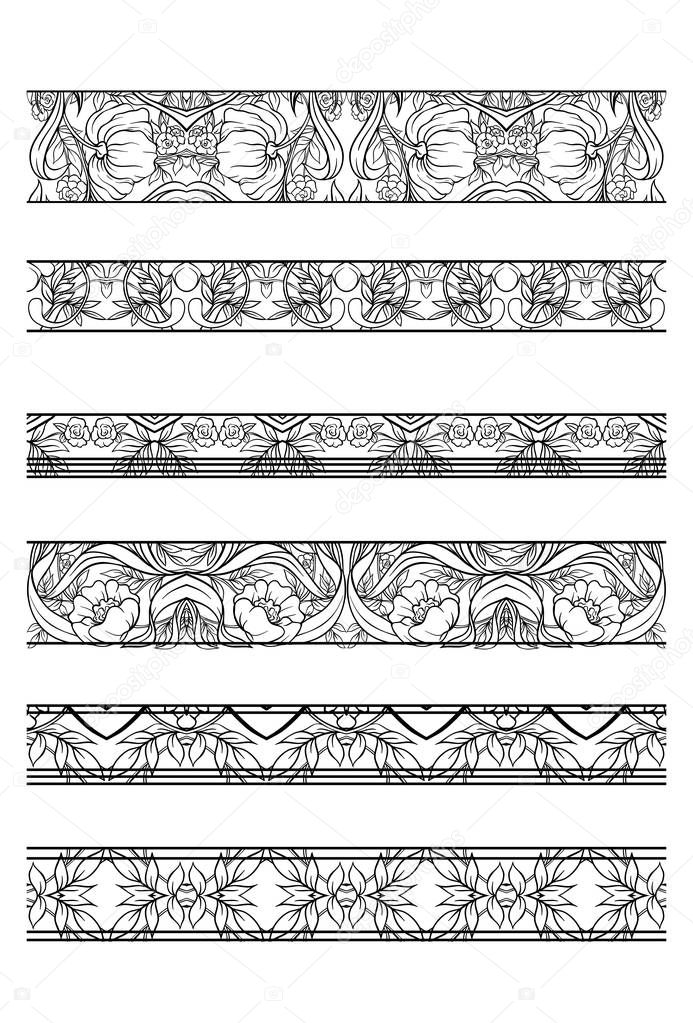 Floral pattern in art nouveau style, vintage, old, retro style. Set of decorative elements for design. Outline hand drawing vector illustration.