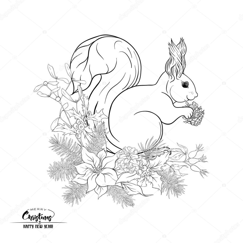 Squirrel eating a pine cone sitting on a Christmas wreath.  Outline hand drawing vector illustration. Coloring page for the adult coloring book.