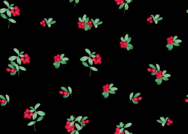 Dikişsiz desen, arka plan ile lingonberries. Renkli vektör çizim. Siyah arka plan üzerine izole.