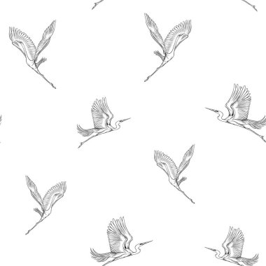 Dikişsiz desen, tropikal kuşlar ile arka plan. Beyaz balıkçıl, Kakadu papağan. Vektör çizim. Grafik çizim, gravür tarzı. vektör çizim. Vintage mavi ve bej renklerini. 