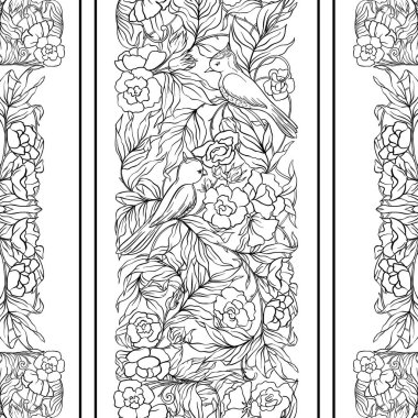 Dikişsiz desen, kuşlar art nouveau tarzında, vintage, eski, retro tarzı ile çiçek desenli arka plan. Anahat el vektör çizim çizimi.