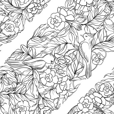  Dikişsiz desen, kuşlar art nouveau tarzında, vintage, eski, retro tarzı ile çiçek desenli arka plan. Anahat el vektör çizim çizimi.