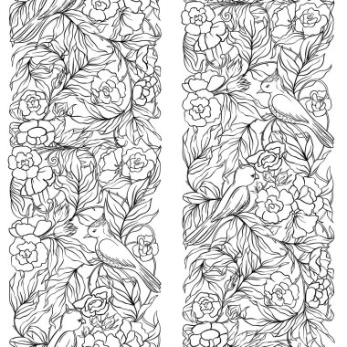  Dikişsiz desen, kuşlar art nouveau tarzında, vintage, eski, retro tarzı ile çiçek desenli arka plan. Anahat el vektör çizim çizimi.