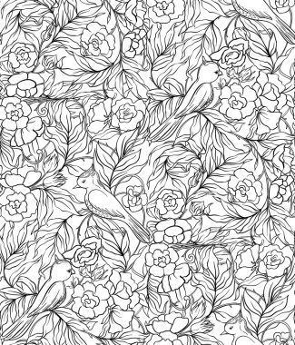  Dikişsiz desen, kuşlar art nouveau tarzında, vintage, eski, retro tarzı ile çiçek desenli arka plan. Anahat el vektör çizim çizimi.