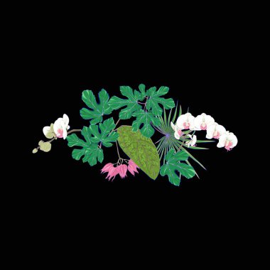 Tropik bitkiler, palmiye yaprakları, canavarlar ve botanik beyaz orkide bileşimi neon, floresan renkler renkli vektör çizim tarzı. Siyah arka plan üzerine izole.