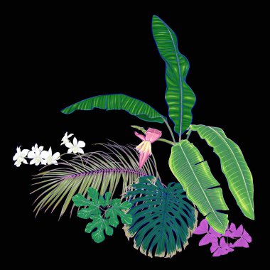 Tropik bitkiler, palmiye yaprakları, canavarlar ve botanik beyaz orkide bileşimi neon, floresan renkler renkli vektör çizim tarzı. Siyah arka plan üzerine izole.