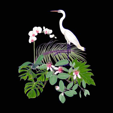 Tropik bitkiler, palmiye yaprakları, canavarlar ve botanik beyaz heron ile beyaz orkide bileşimi neon, floresan renkler renkli vektör çizim tarzı. Siyah arka plan üzerine izole.