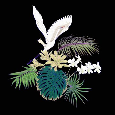 Tropik bitkiler, palmiye yaprakları, canavarlar ve botanik beyaz heron ile beyaz orkide bileşimi neon, floresan renkler renkli vektör çizim tarzı. Siyah arka plan üzerine izole.