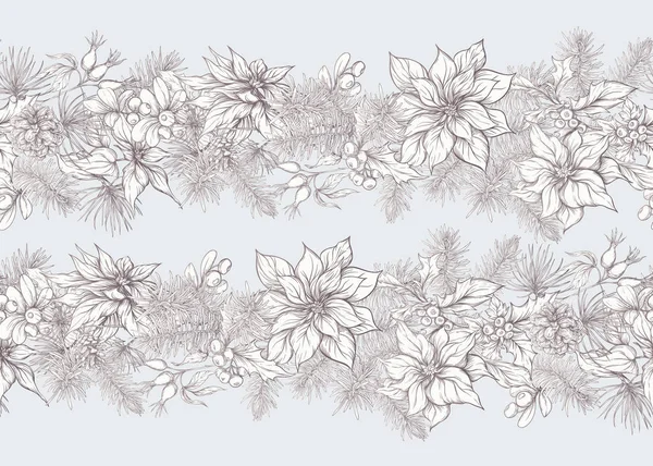 Dikişsiz Desen Çam Dalları Çiçek Meyveleri Noel Dekorasyonu Ile Arka — Stok Vektör