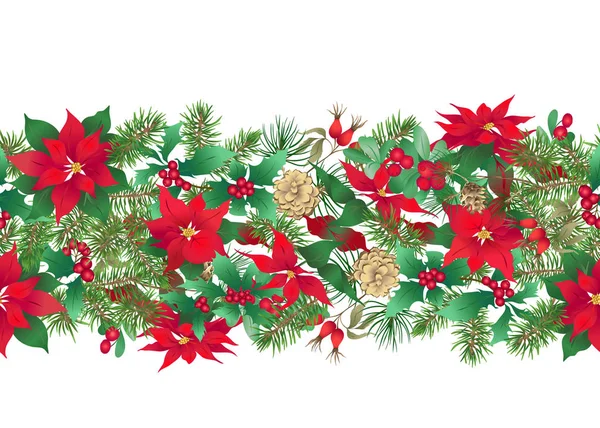 Dikişsiz Desen Yeşil Çam Dalları Kırmızı Çiçekler Meyveler Noel Dekorasyonu — Stok Vektör