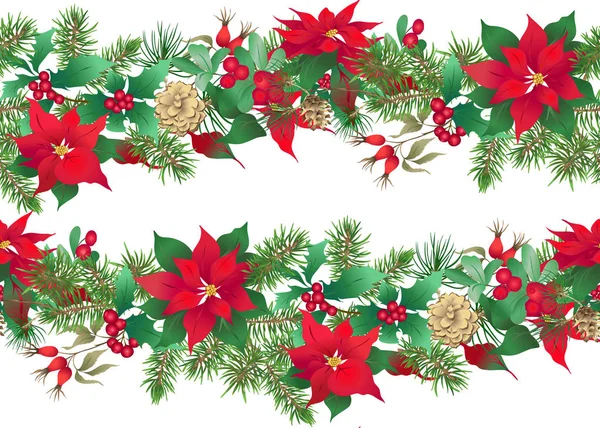 Dikişsiz Desen Yeşil Çam Dalları Kırmızı Çiçekler Meyveler Noel Dekorasyonu — Stok Vektör